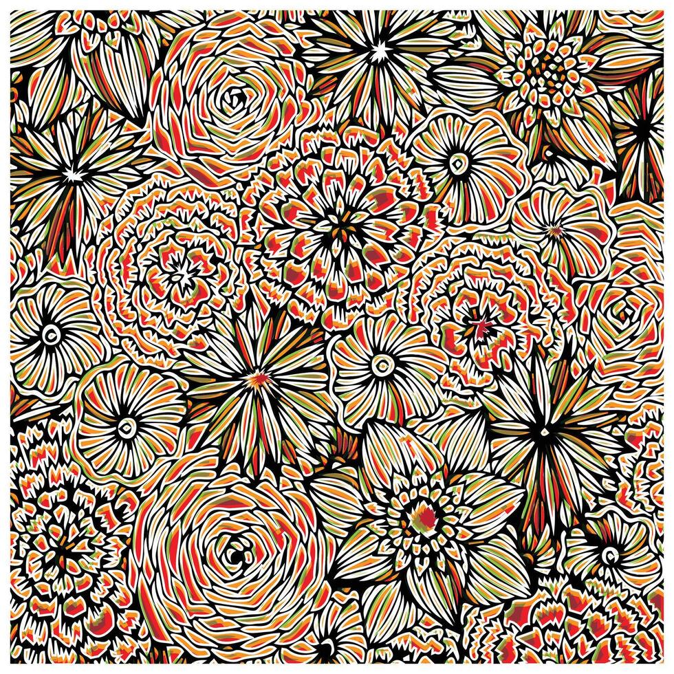 A vibrant, floral design featuring intricate patterns of roses, daisies, and other blossoms in red, orange, and black hues. It could be used as a wallpaper, fabric design, or other decorative elements vector