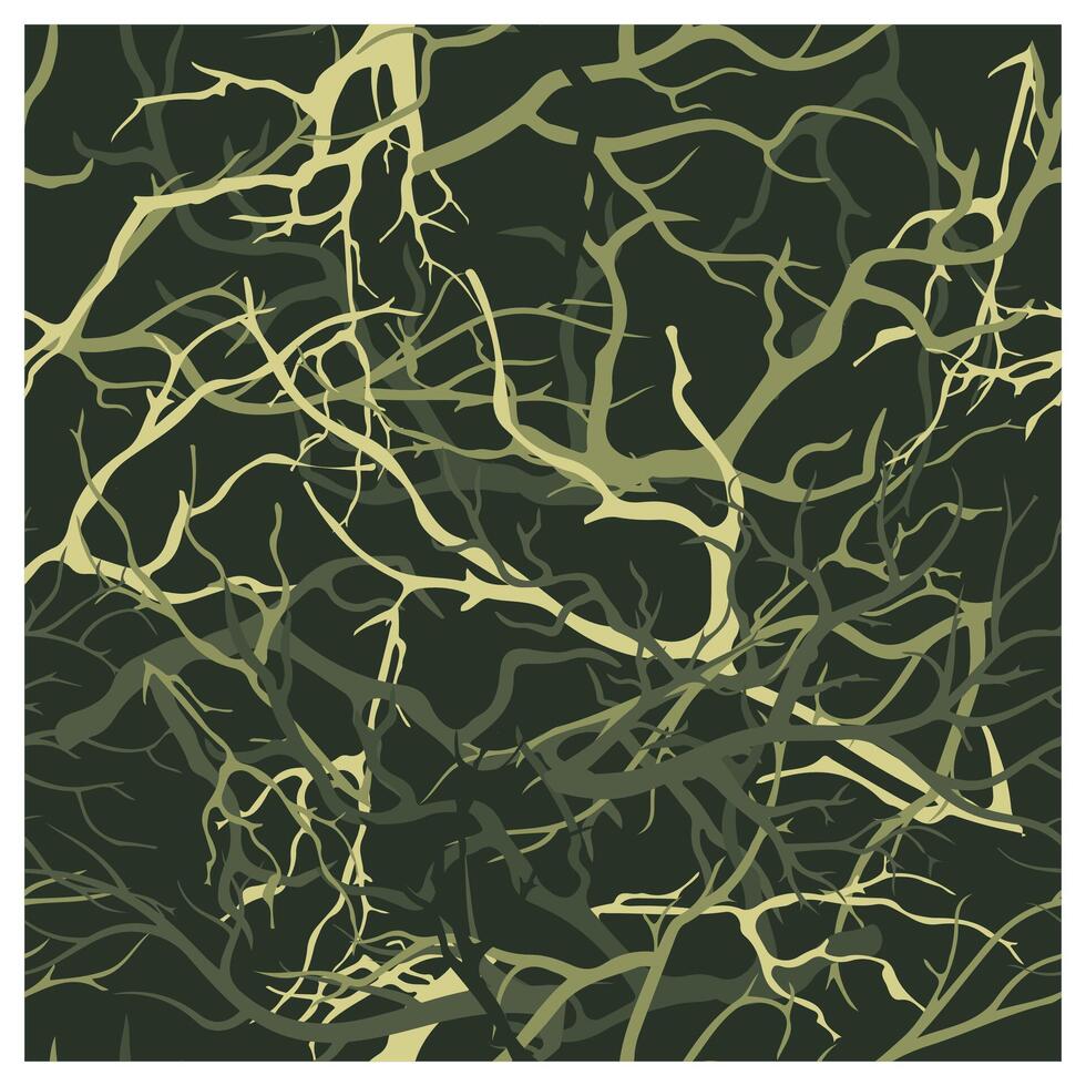 Abstract illustration of intertwining dark and light green branches against a deep green background, creating a tangled forest affect, it could be used as a wallpaper, fabric design, and curtains vector