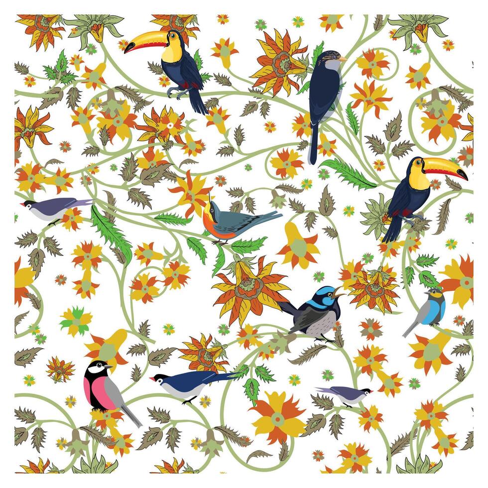 A pattern of colorful birds, including toucans and finches, intertwined with bright sunflowers and greenery on a white background, it could be used as a wallpaper, fabric design, pillow and curtains vector