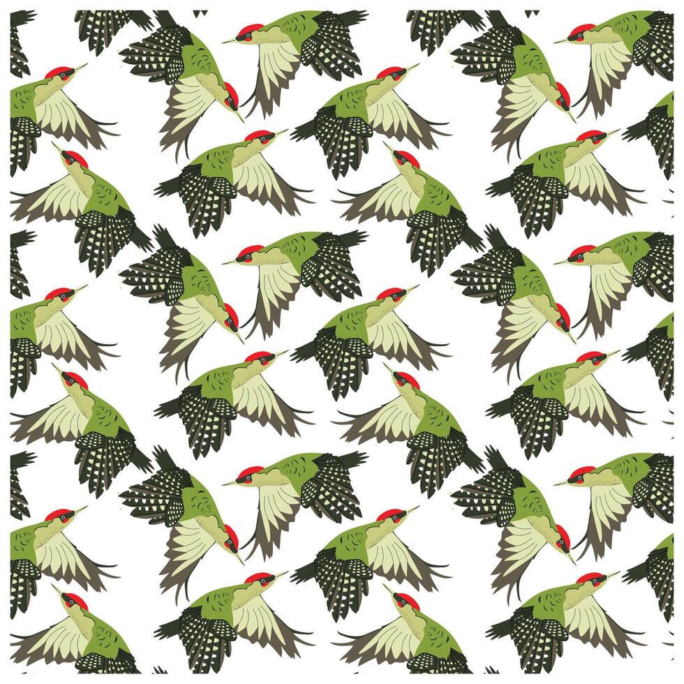 A repeat print pattern featuring green birds with red caps and detailed wings, set against a white background.It could be used as a wallpaper, fabric design, or other decorative elements and curtains vector
