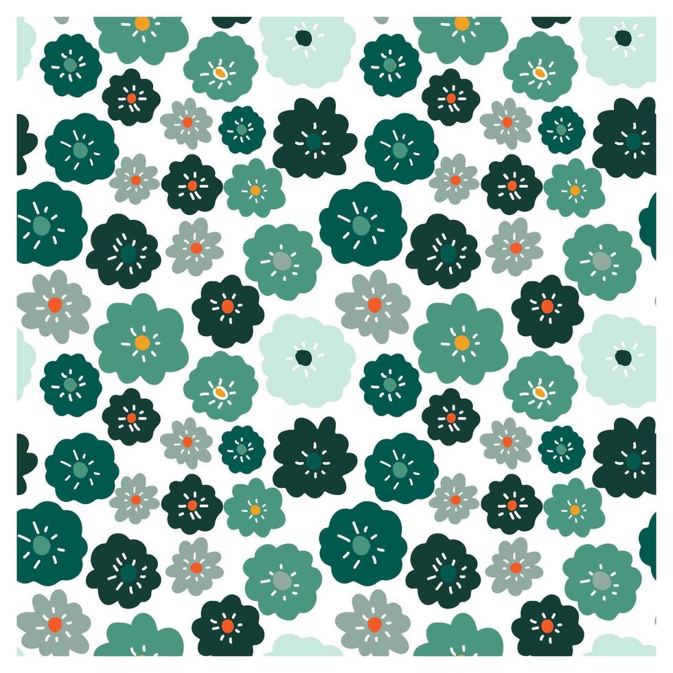 A floral pattern featuring a variety of teal and green flowers with pops of orange and gray on a white background, It could be used as a wallpaper, fabric design, or other bags, pillow and curtains vector