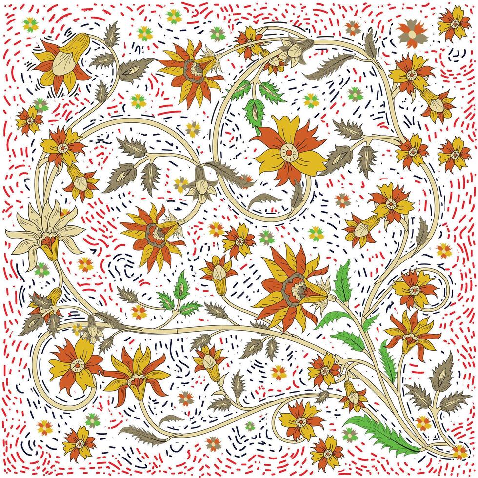 A vibrant floral pattern featuring orange and yellow flowers intertwined with green leaves on a white background with swirling red and black accents, it could be used as a wallpaper, fabric design, vector