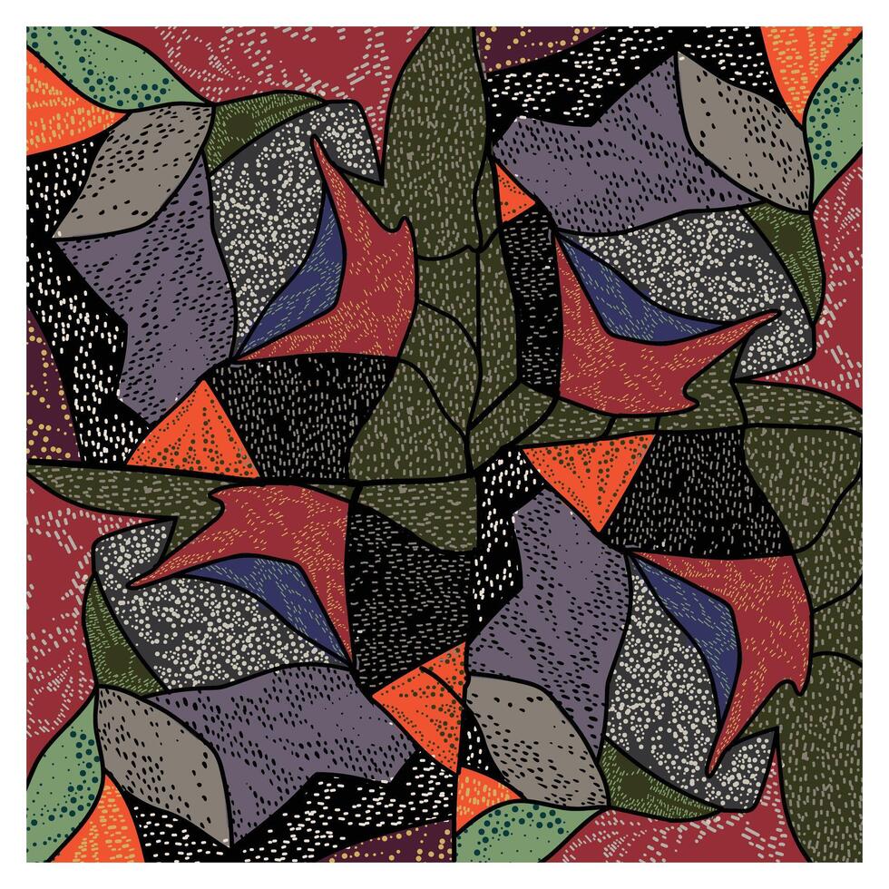 Colorful abstract geometric pattern featuring bold shapes in red, green, purple, and black, with dotted and textured details. vector