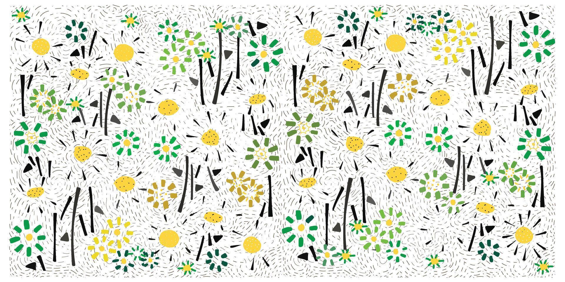 A vibrant pattern of colorful flowers in yellow and green against a white background, with stylized back stem and abstract shapes, it could be used as a wallpaper, fabric design, and curtains vector