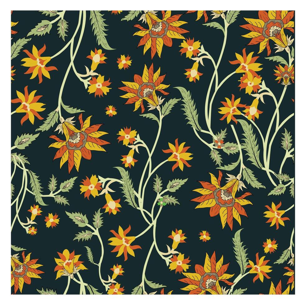 A vibrant floral pattern featuring intricate orange and yellow flowers with green stems against a deep navy background, it could be used as a wallpaper, fabric design, pillow and curtains vector