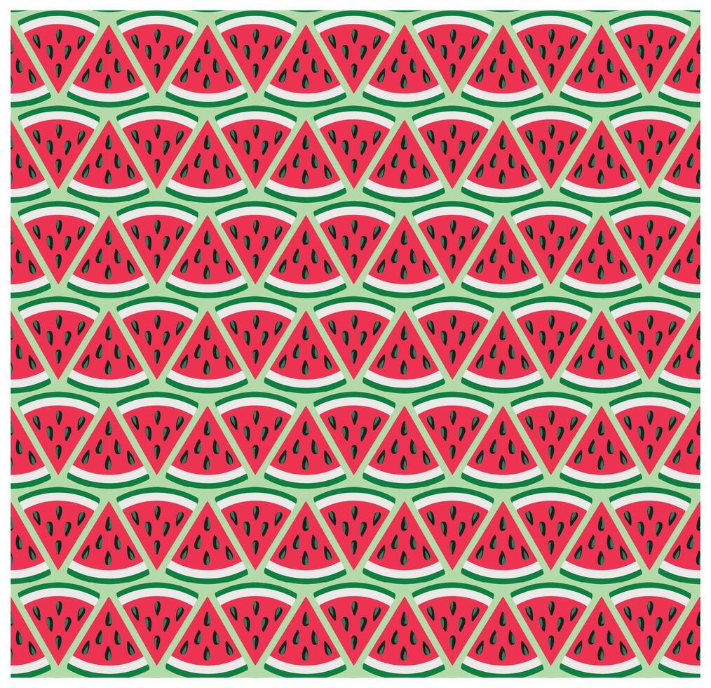 A repeating pattern of stylized watermelon slices in vibrant red, green, and black against a light green background, It could be used as a school bag, kids dress, wallpaper, fabric design vector