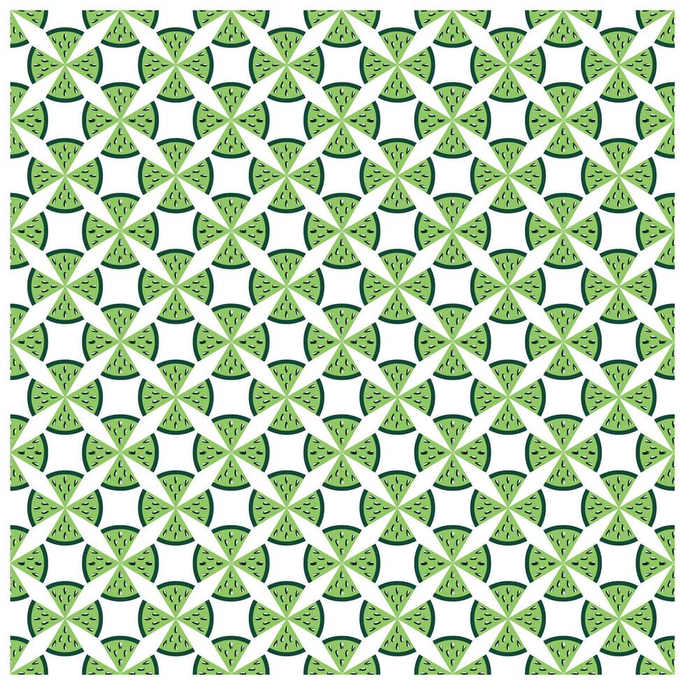 A vibrant, geometric pattern of green watermelon slices on a white background, arranged in a criss cross layout. , It could be used as a school bag, kids dress, wallpaper, fabric design vector