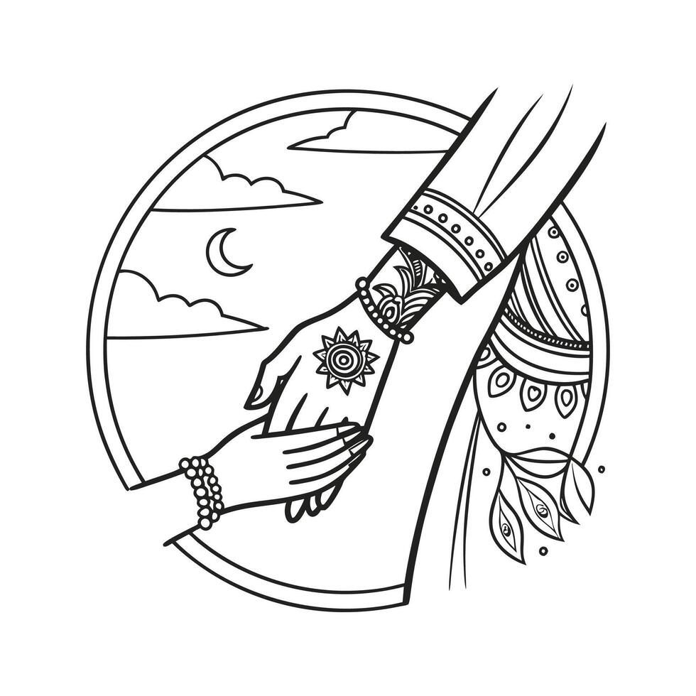 A coloring page with a hand holding a woman's hand vector