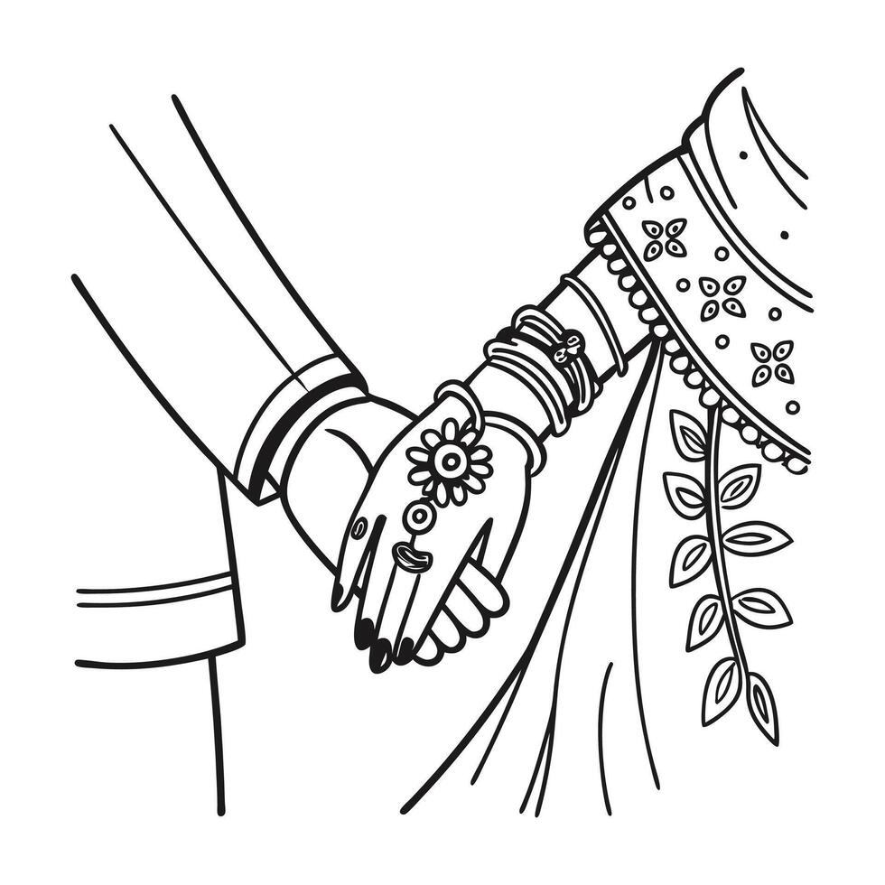 A drawing of a bride and groom holding hands vector