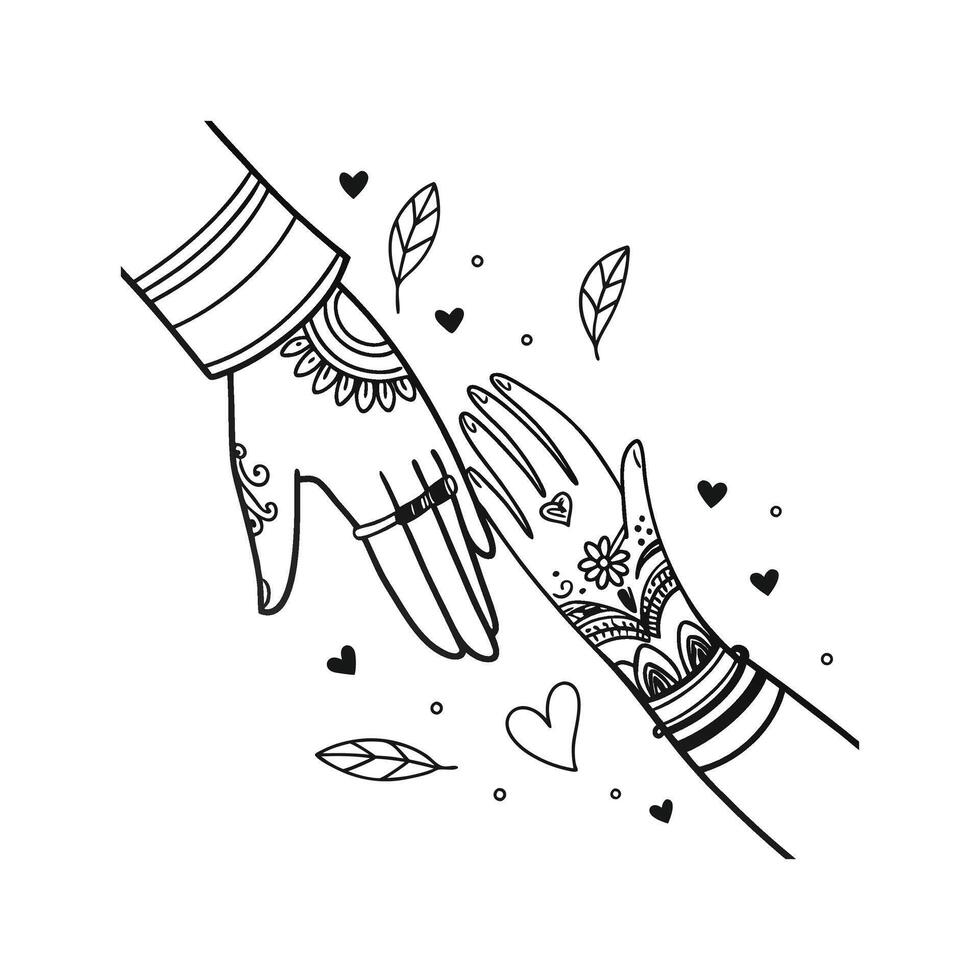 A drawing of two hands with henna tattoos vector
