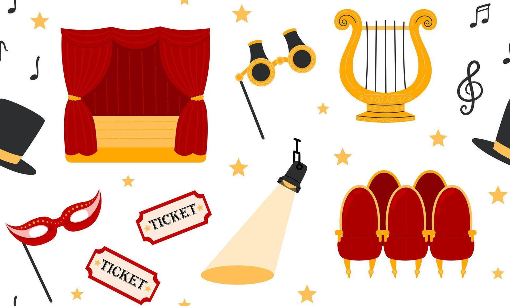 Theater seamless pattern. Theatre stage with red curtain, theatrical, mask, ticket, lyra, musical notes, hood and binoculars. Theatre Day background. Flat illustration vector