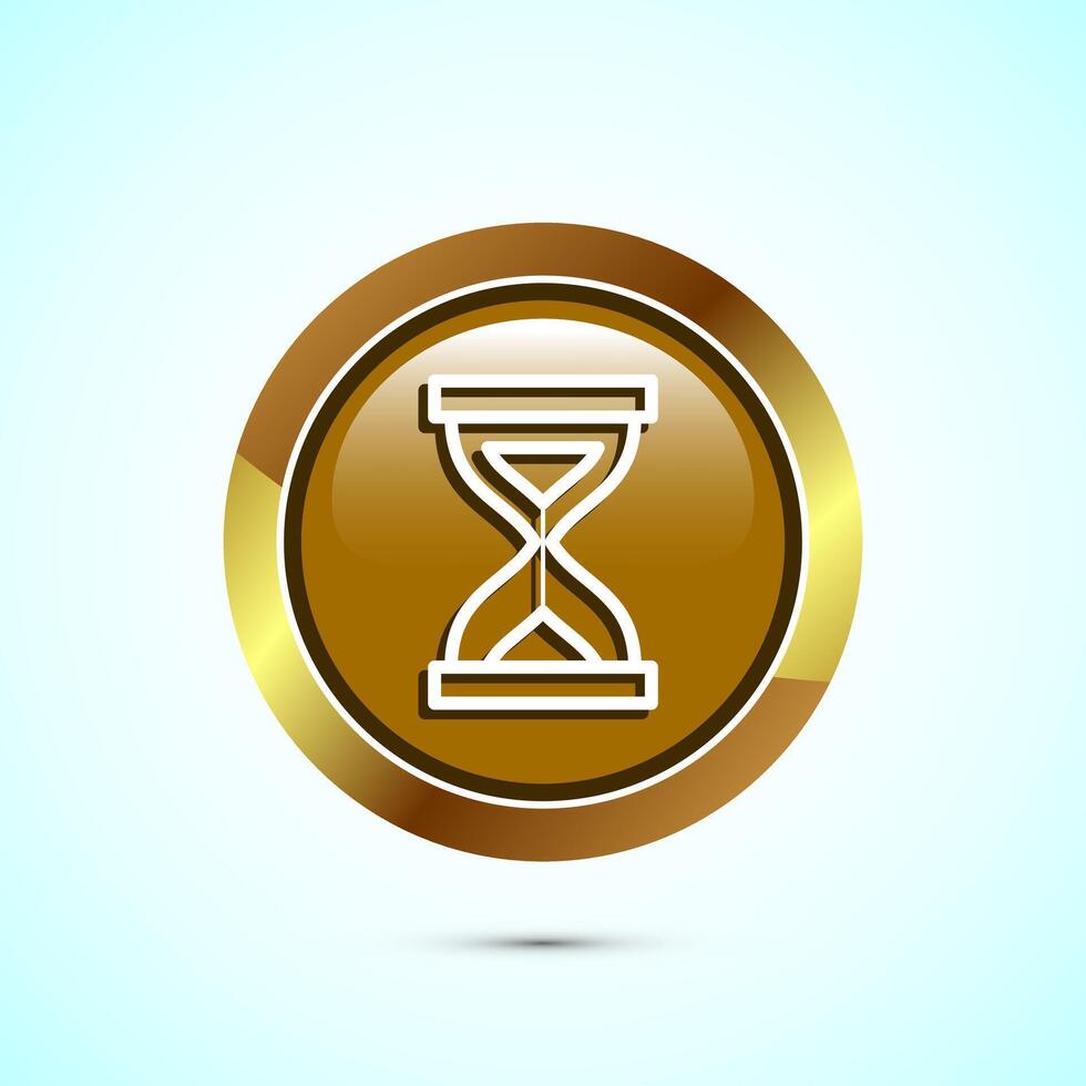Sand clock icon design illustration. Hourglass symbol, Time measuring sign, Gold color round button design vector