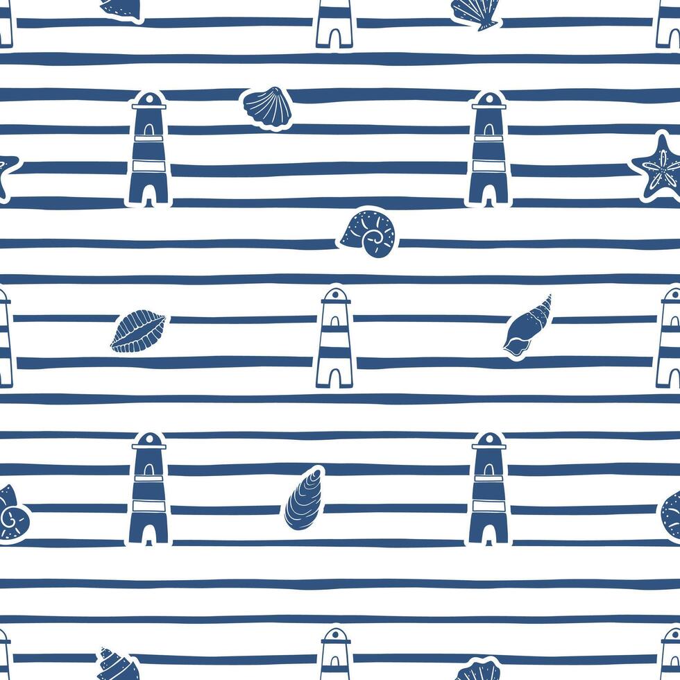 Seamless marine pattern with lighthouse and seashells. vector