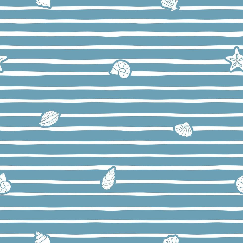 Seamless marine pattern with seashells and striped background vector