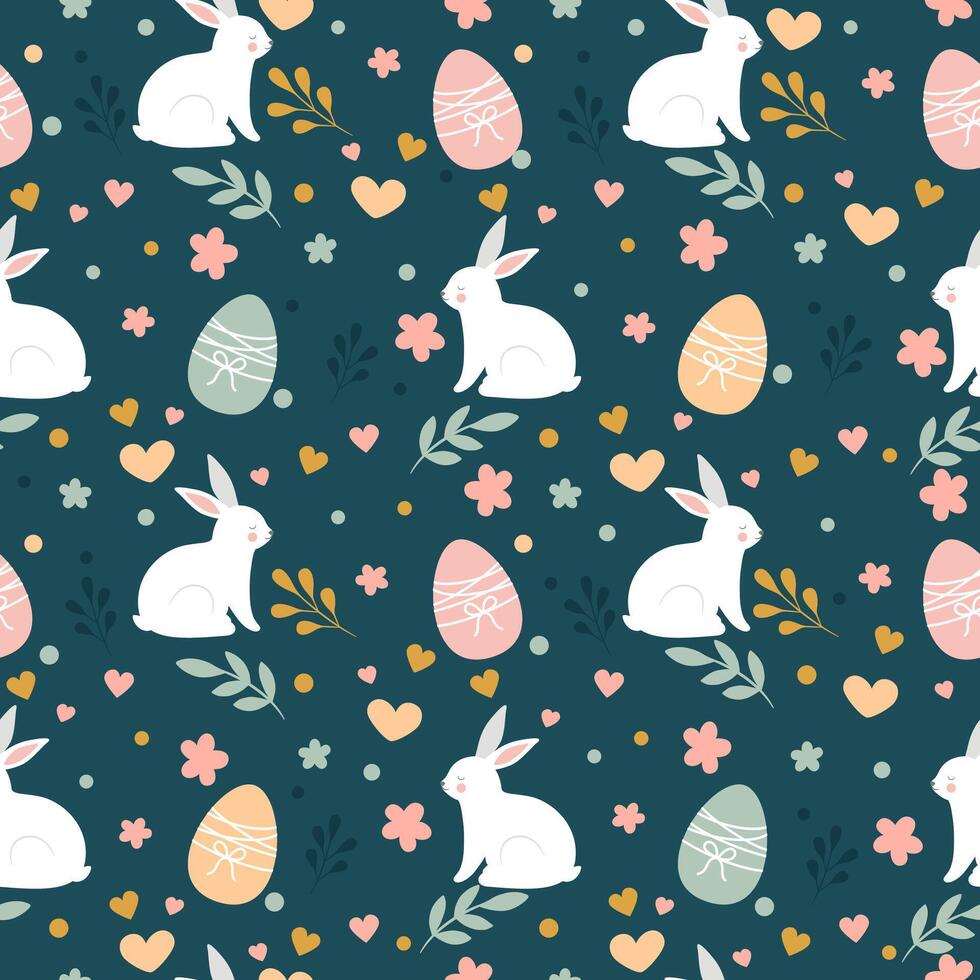 Seamless print with easter bunny, eggs, flowers, leaves vector