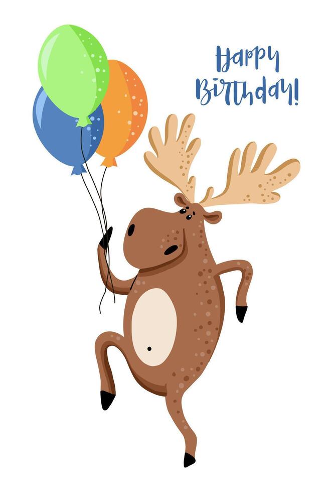 Fun dancing animal, isolated moose with balloons vector
