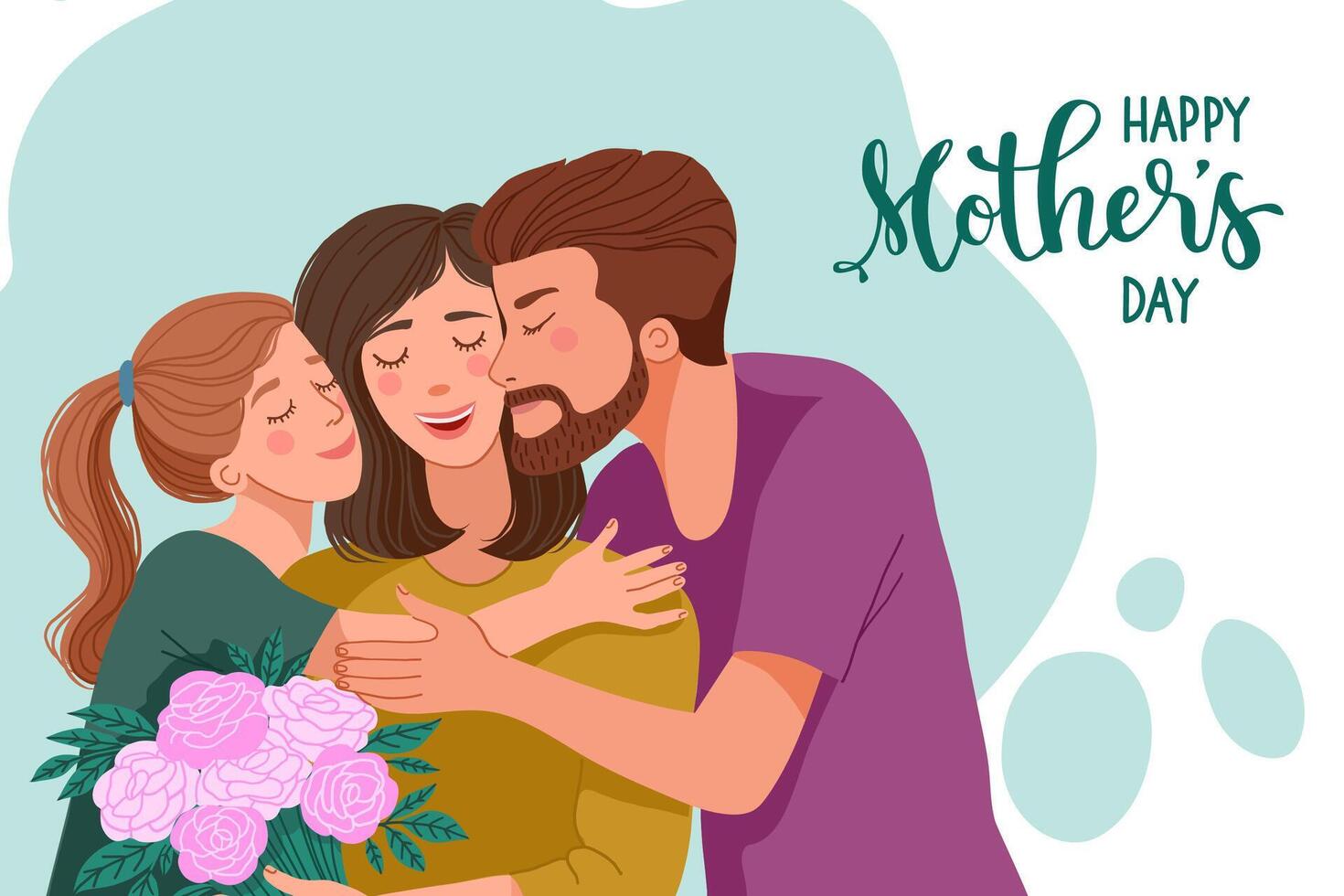 Illustration of mom, daughter, dad and text. Drawing for postcard or poster vector