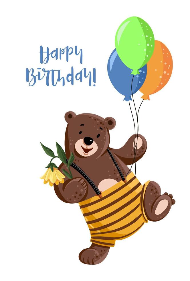 Cute card with cartoon bear with balloons vector