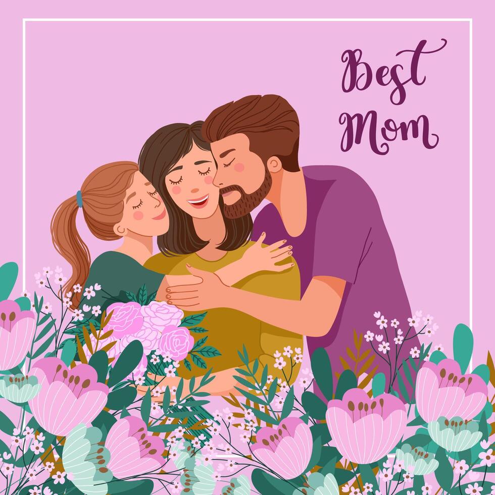 Cute square postcard of mom, daughter, dad and text. vector