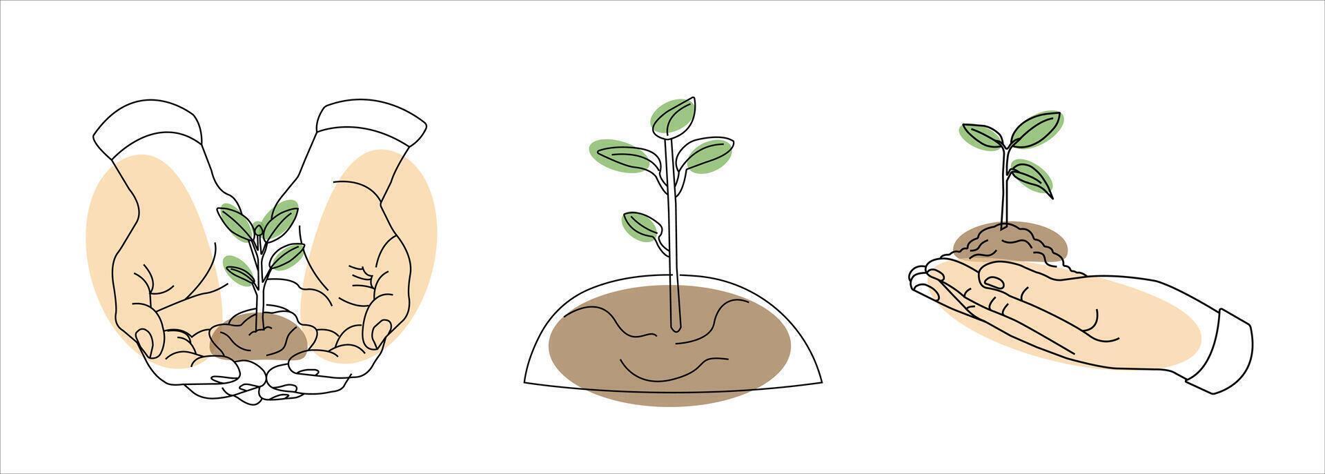 Linear depiction of spring with fresh green sprouts. This illustration features colorful splashes vector