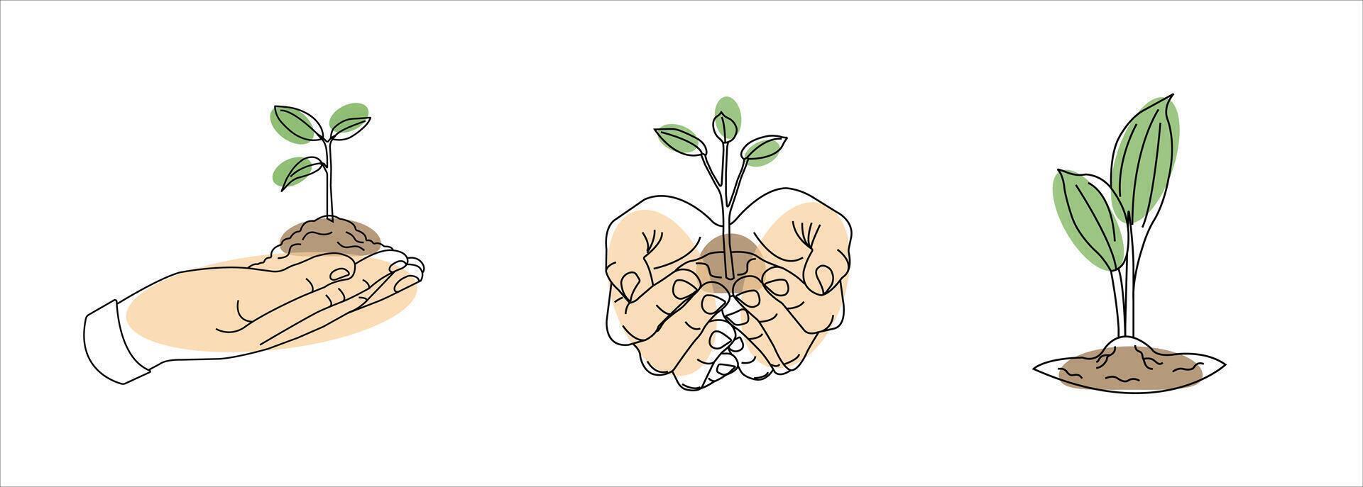 Spring set of green sprouts in linear style. illustration with colorful spots isolated on white background vector