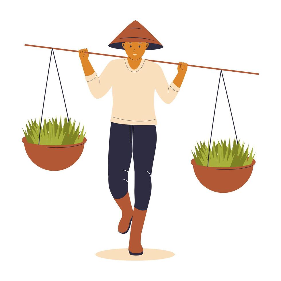 Illustration of Farmer Carrying Rice Baskets vector