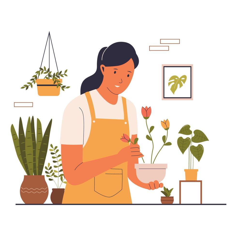Illustration of houseplant care concept by woman vector
