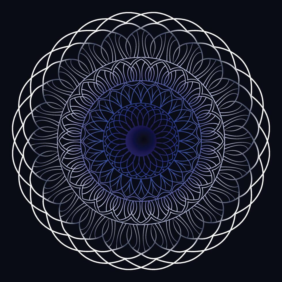 Abstract minimalist round spiral mandala in dark blue background. vector