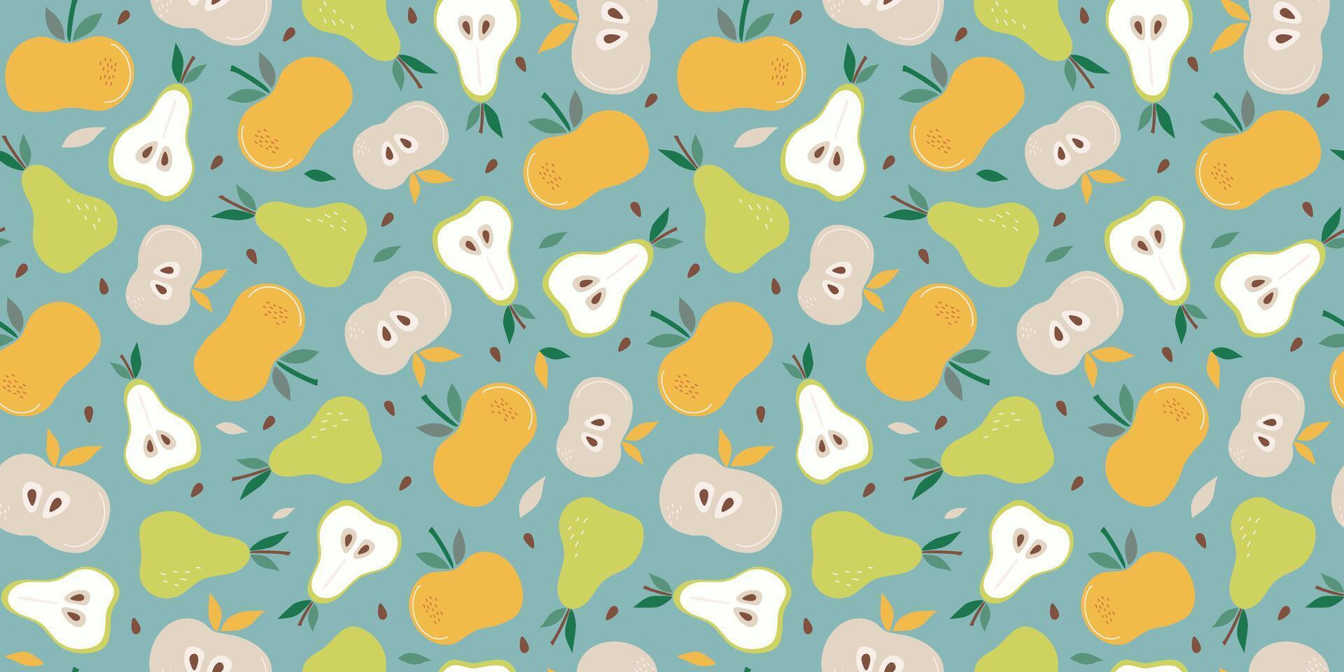 Seamless pattern. Apple, pear. Set of simple abstract fruits. Vitamin natural food, slices and whole fruits. Color flat illustration. vector