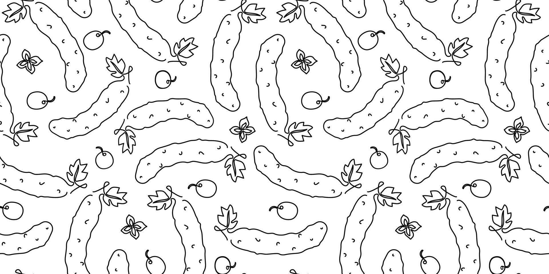 Vegetables, cucumber. Line drawing. Seamless pattern. World vegan day. Food, natural, vegetarian. Farmers market and diet concept. Harvest, repeating background. vector
