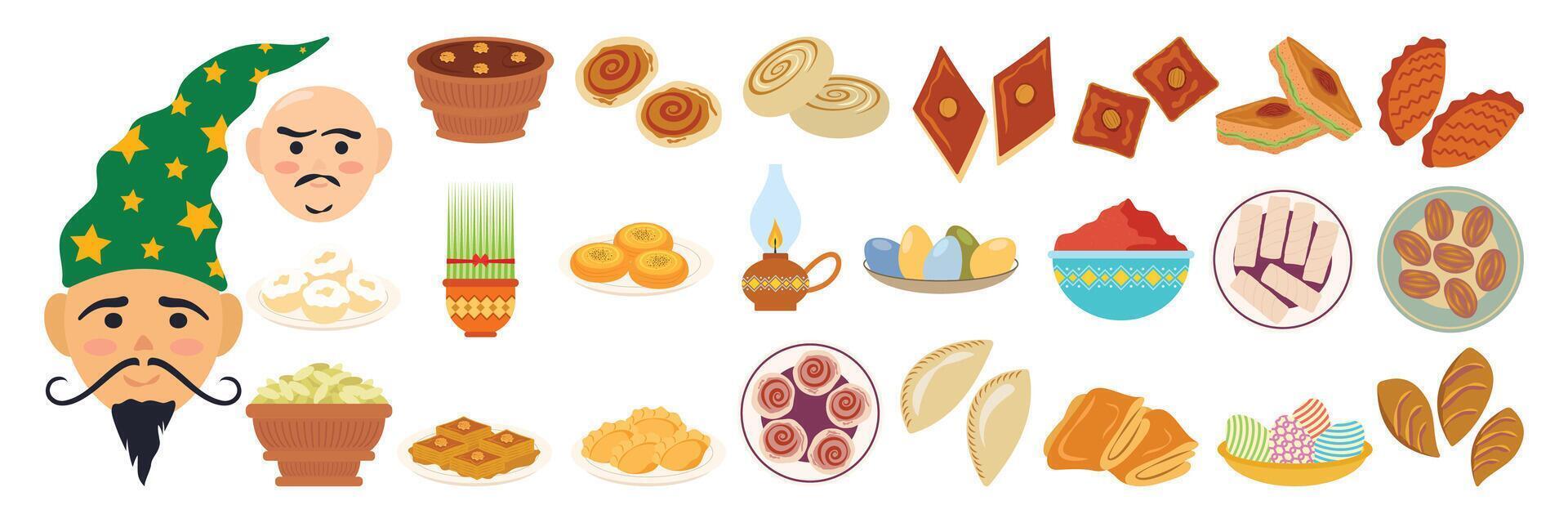 Nowruz holiday spring elements set. Flat Illustration sweets and tradition. Norooz, Nawrouz, Novruz, Nowrouz, Navruz and Nevruz. vector