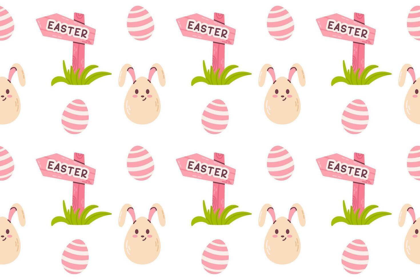 Easter pattern featuring bunny faces, pink eggs, and festive elements. Great for holiday wrapping and decorations. vector