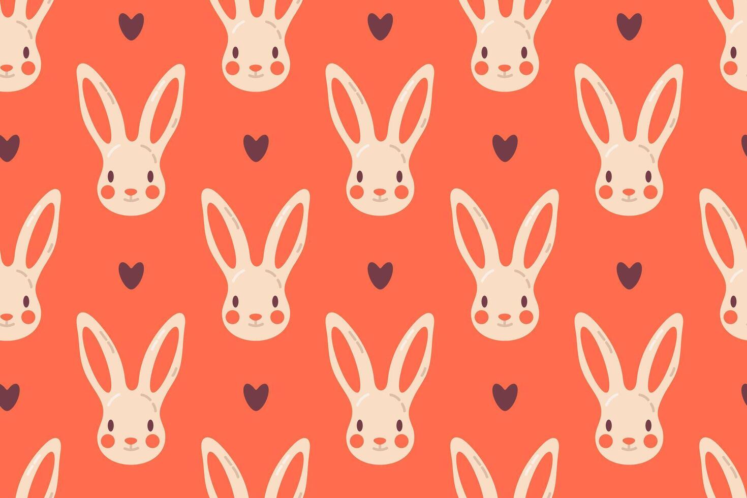 A seamless pattern featuring cute bunny faces with hearts on a coral background. Great for Easter decorations, textiles, and children's prints. vector