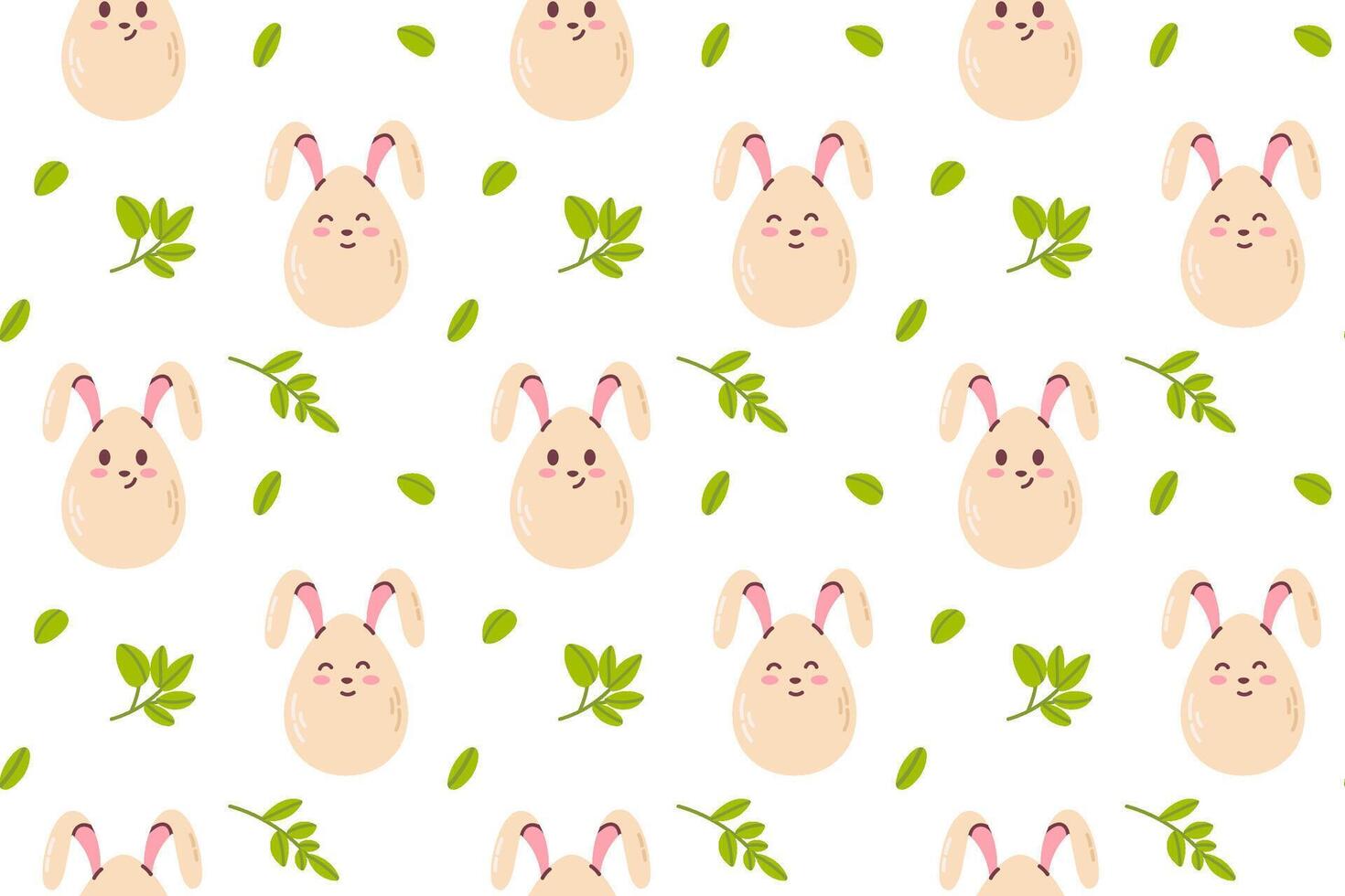 A cute pattern featuring round bunny faces and green leaves on a white background. Perfect for Easter and nature-themed designs. vector