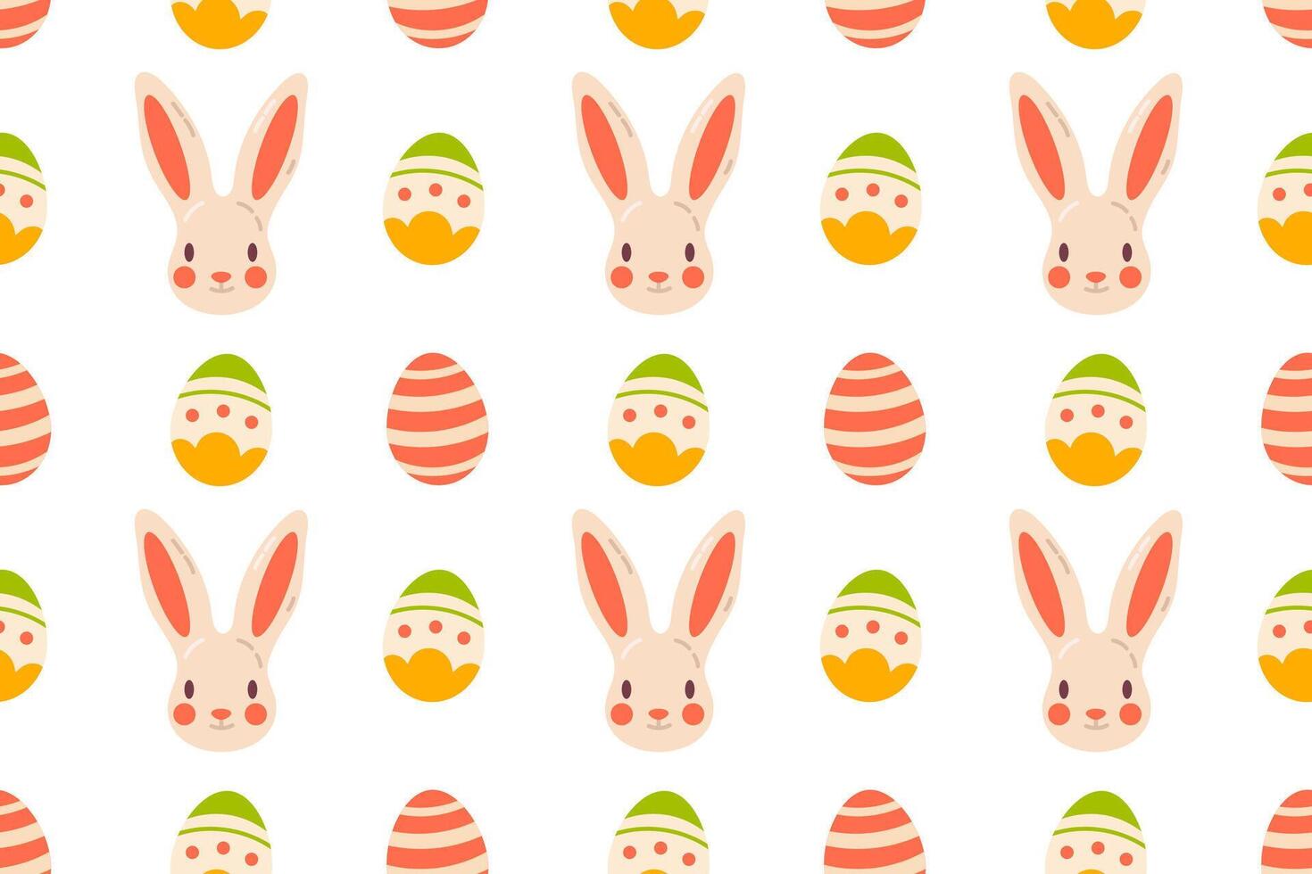 A seamless pattern featuring bunny faces, colorful Easter eggs, and chick faces on a white background. Ideal for festive designs and spring projects. vector