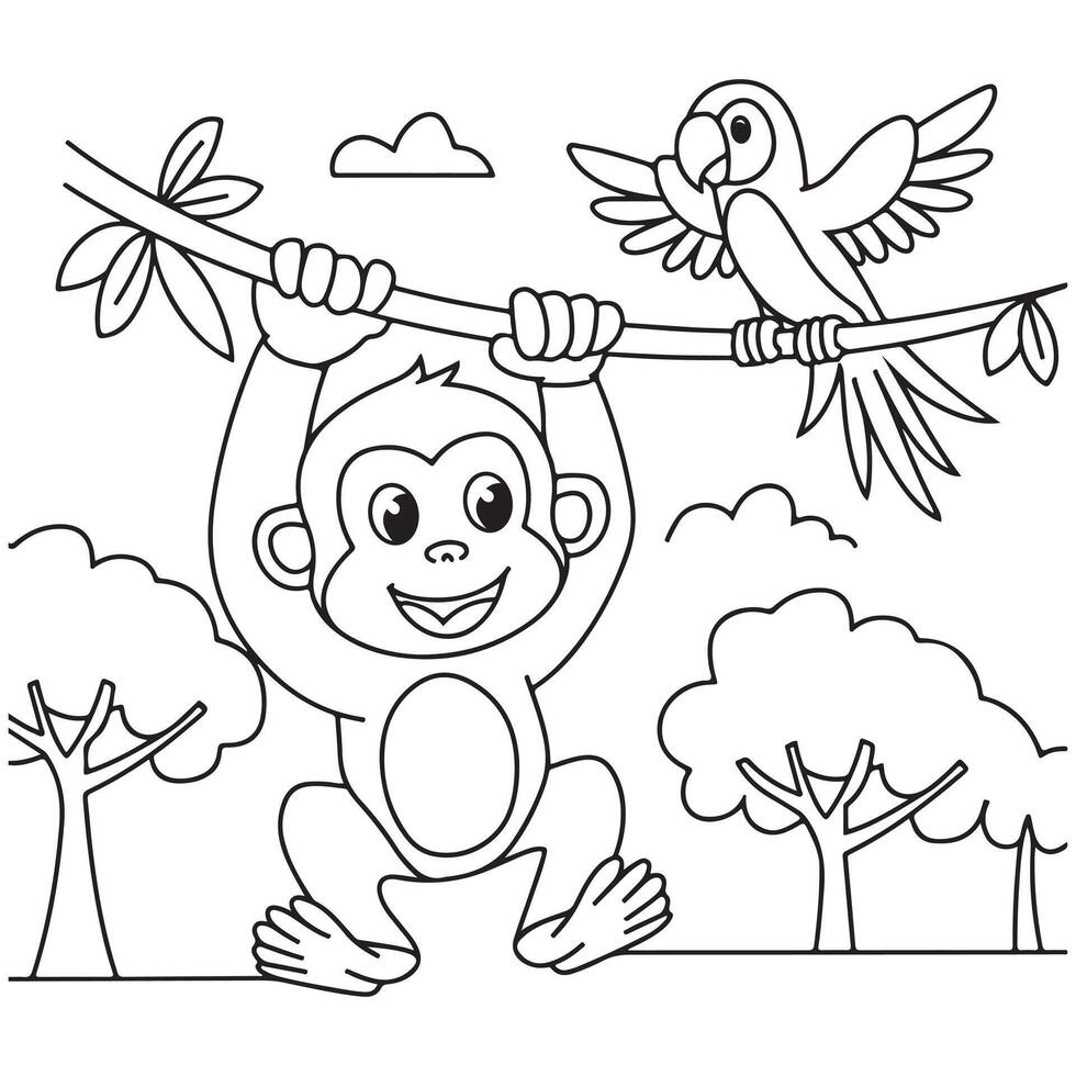 Cute Monkey Hanging on a Tree with a Bird Coloring Page for Kids vector