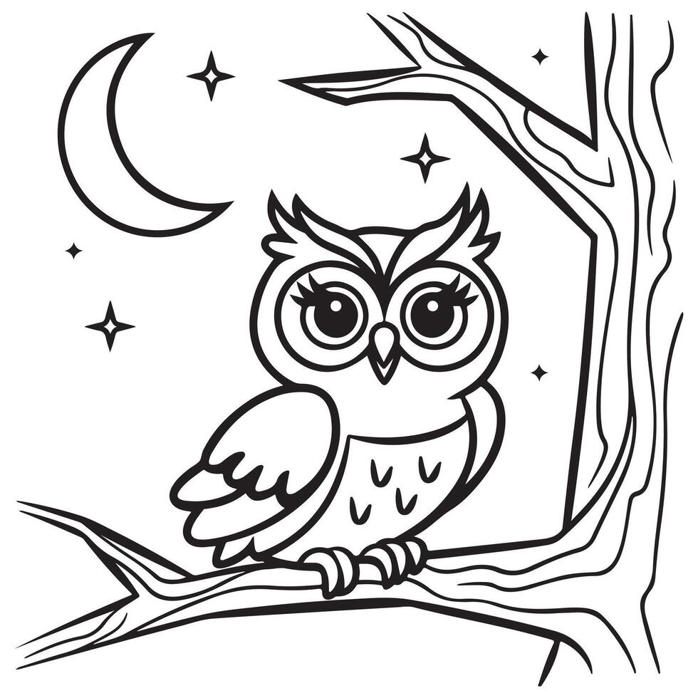 Owl in Tree with Moon Coloring Page for Kids vector