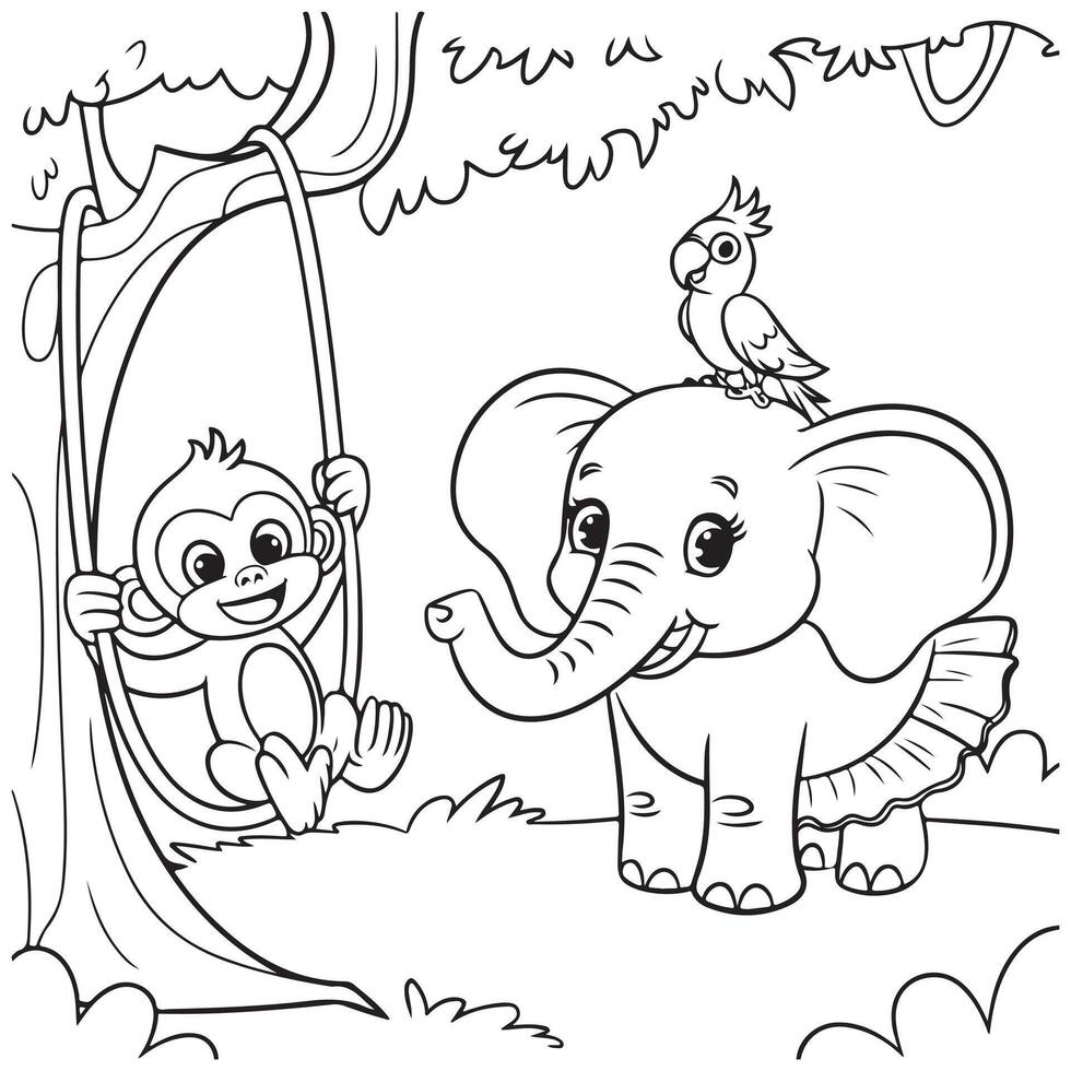Baby Elephant, Monkey, and Bird Coloring Page for Kids vector