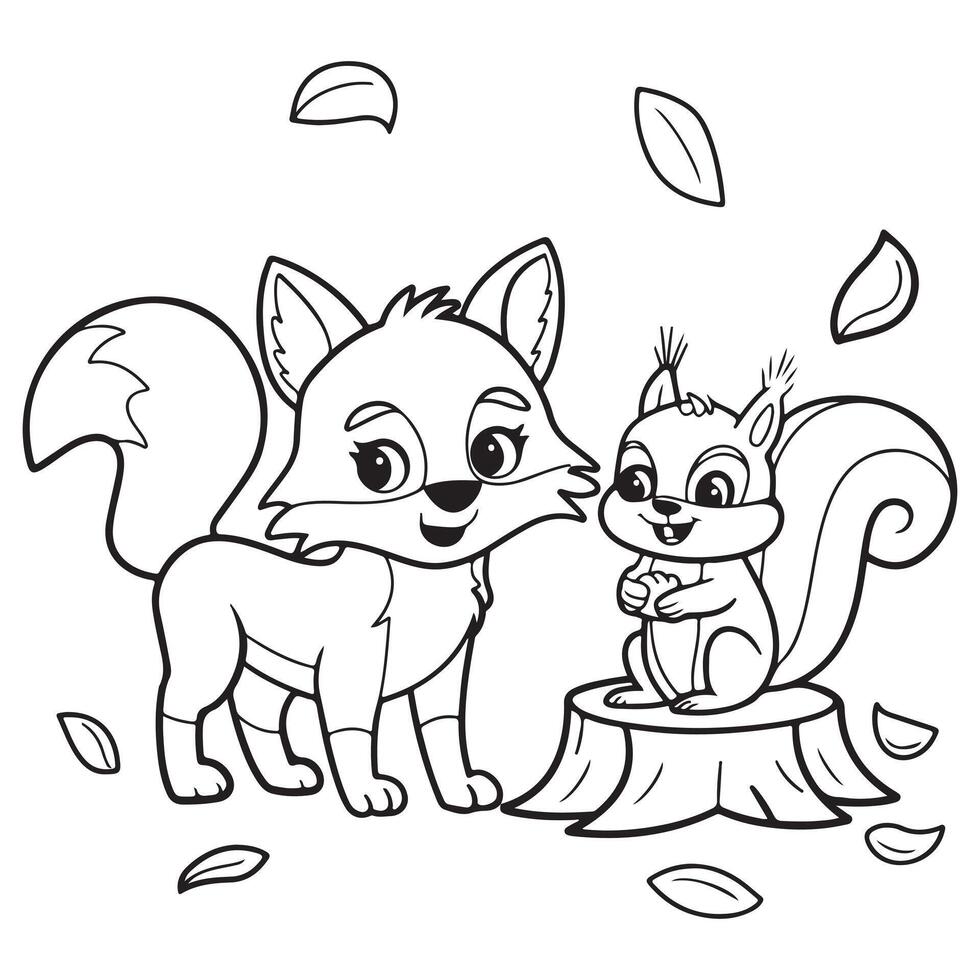 Fox and Squirrel Coloring Page for Kids vector