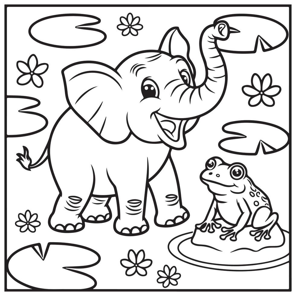 Frog and Elephant Coloring Page for Kids vector