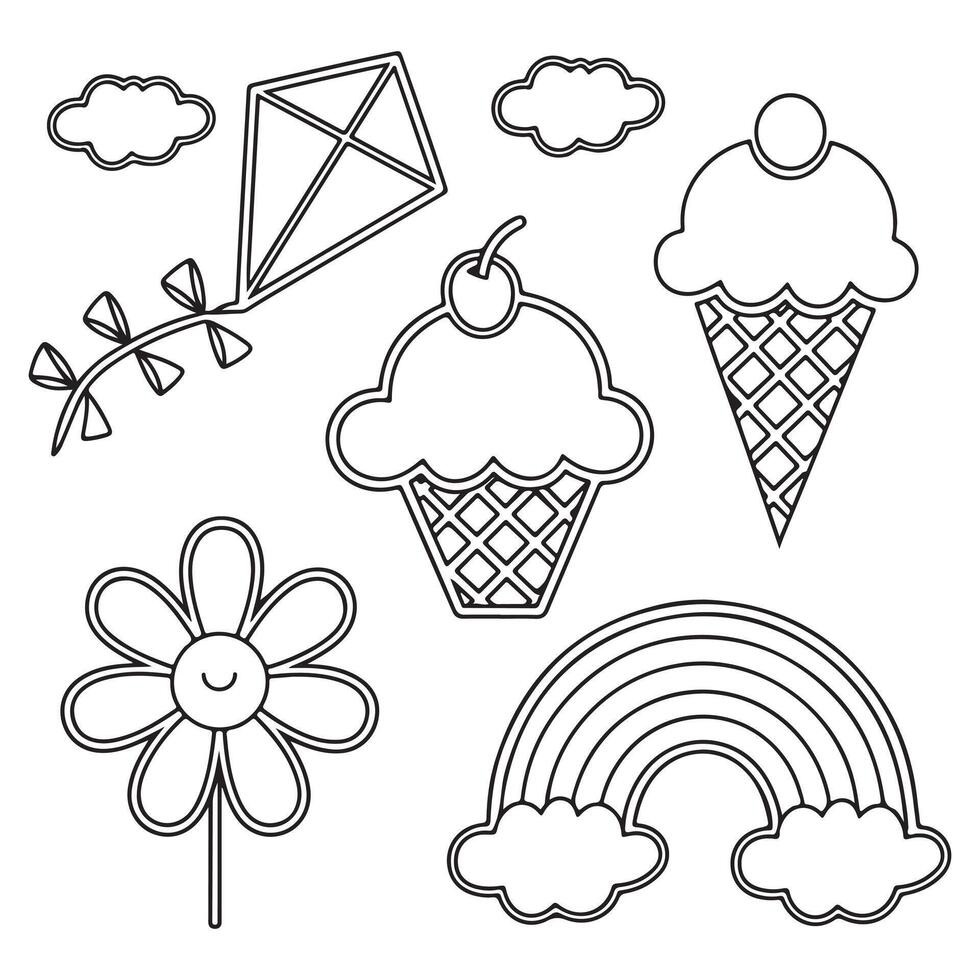 Ice Cream, Sunflower, Cloud, Rainbow, and Kite Coloring Page for Kids vector