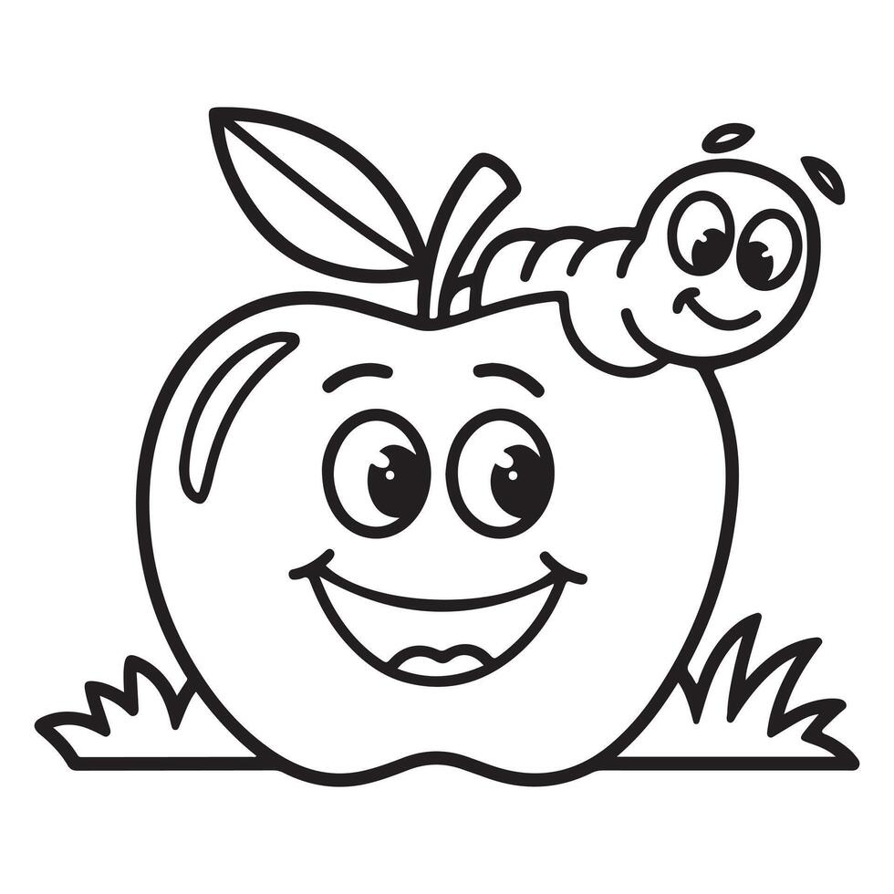 Apple with Happy Worm Coloring Page for Kids vector
