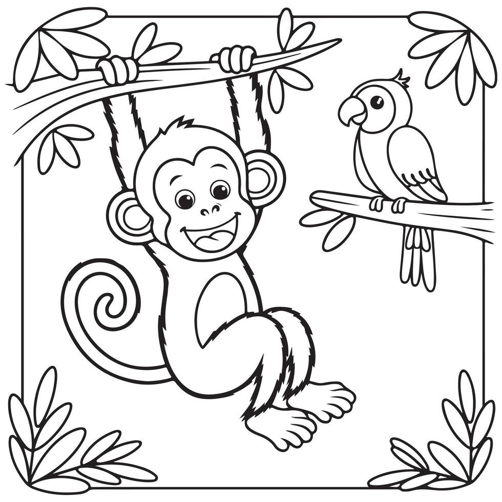 Monkey Hanging on a Tree with a Bird Coloring Page for Kids vector