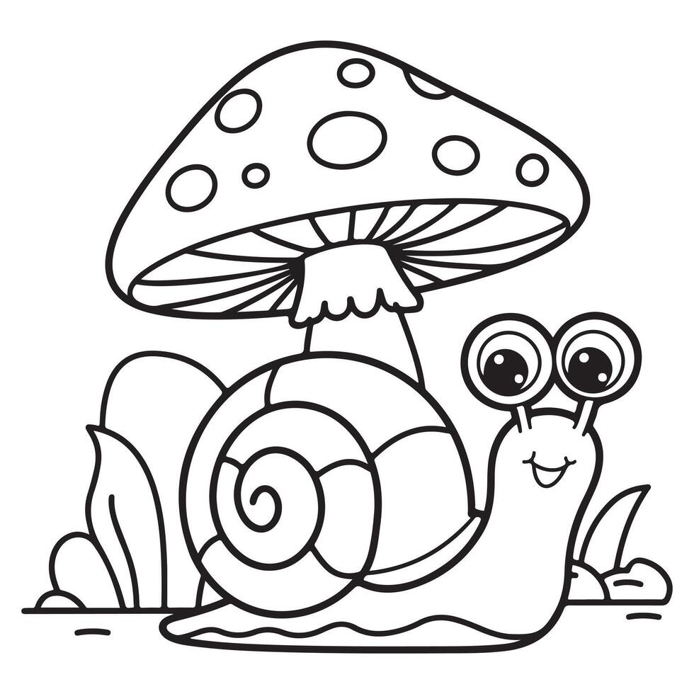 Happy Snail and Mushroom Coloring Page for Kids vector