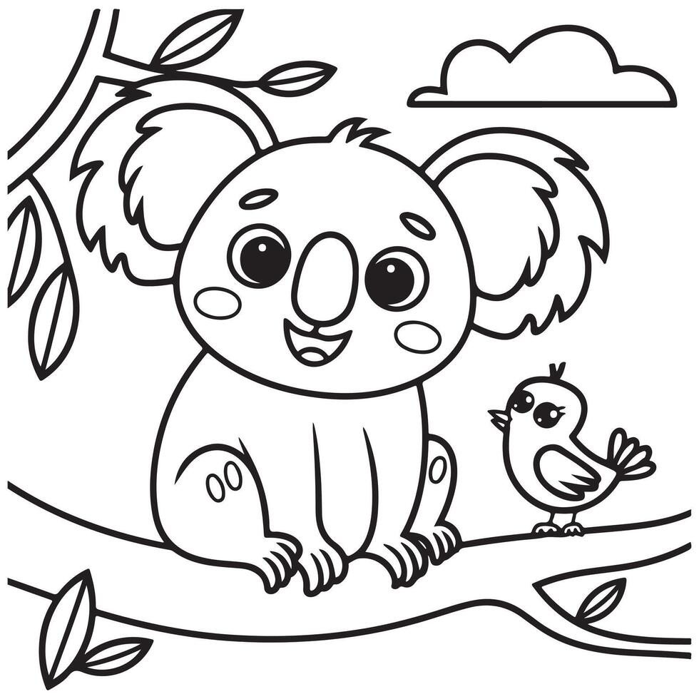 Cute Koala with Bird Sitting on a Tree Coloring Page vector