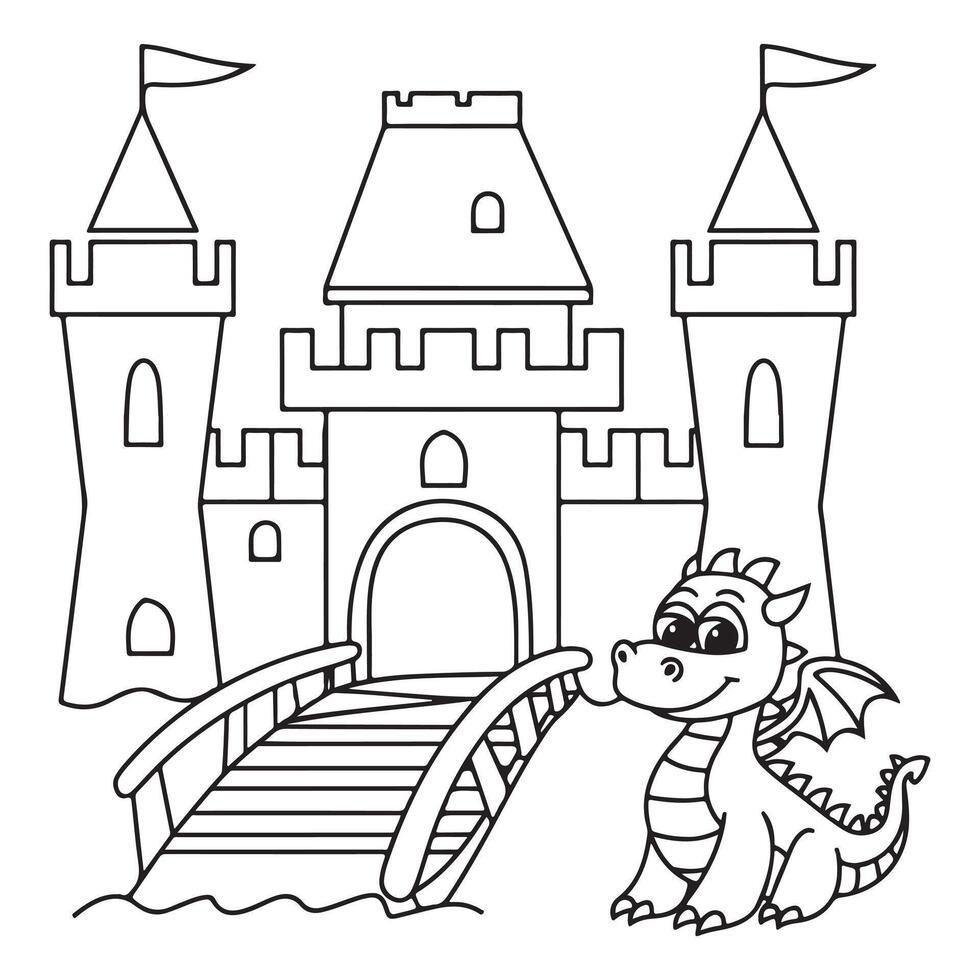 Dragon in Front of Castle Coloring Page for Kids vector