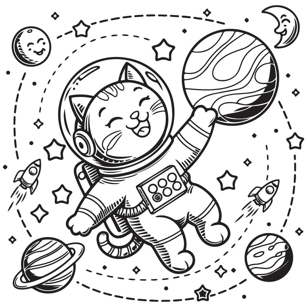 Cat Astronaut in Space with Planets Coloring Page for Kids vector