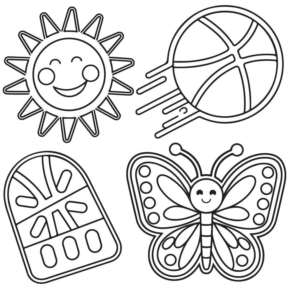 Sun Basketball and Butterfly Coloring Page for Kids vector