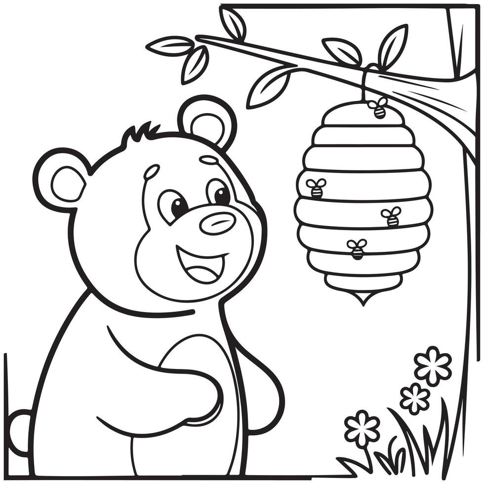 Bear and Honeycomb Hanging on a Tree Coloring Page vector