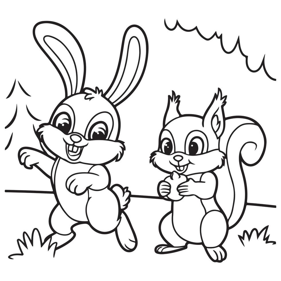 Squirrel and Rabbit Playing Coloring Page vector